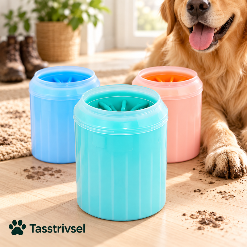 TassTvätten i turkos, blå och rosa med hund i hallmiljö
